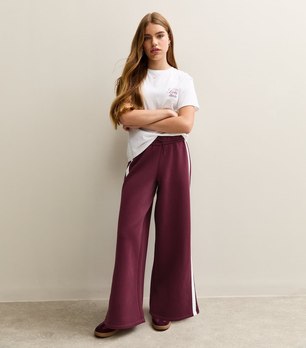 New Look Girls' Dark Burgundy Contrast Trim Super Wide Leg Joggers New Look