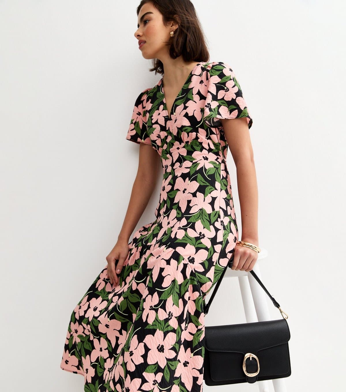 New Look Women's Green Floral Print Tiered Midi Tea Dress New Look