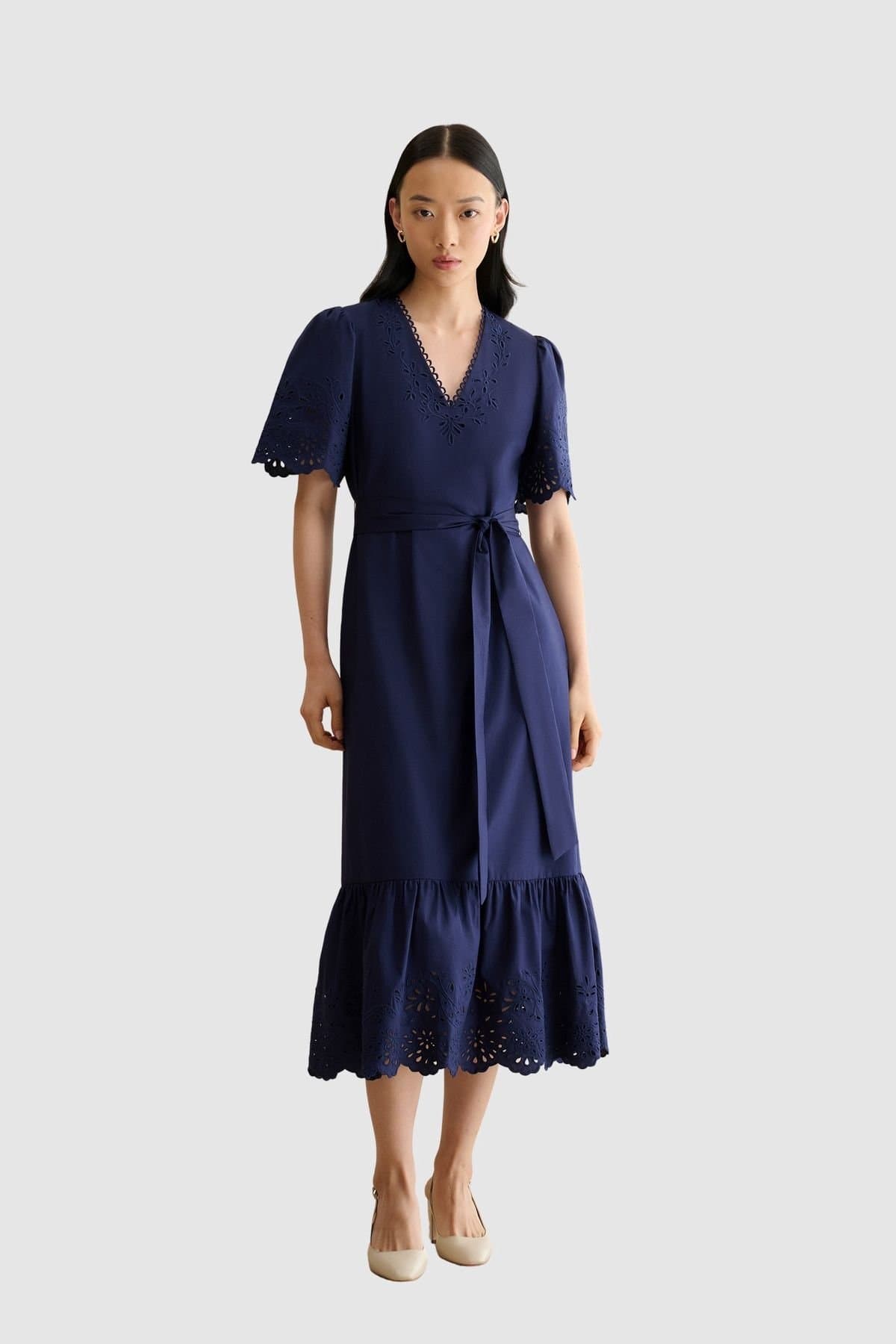Hobbs London Hobbs London Women's Meghan Broderie Cutwork Midi Dress in Dark Navy