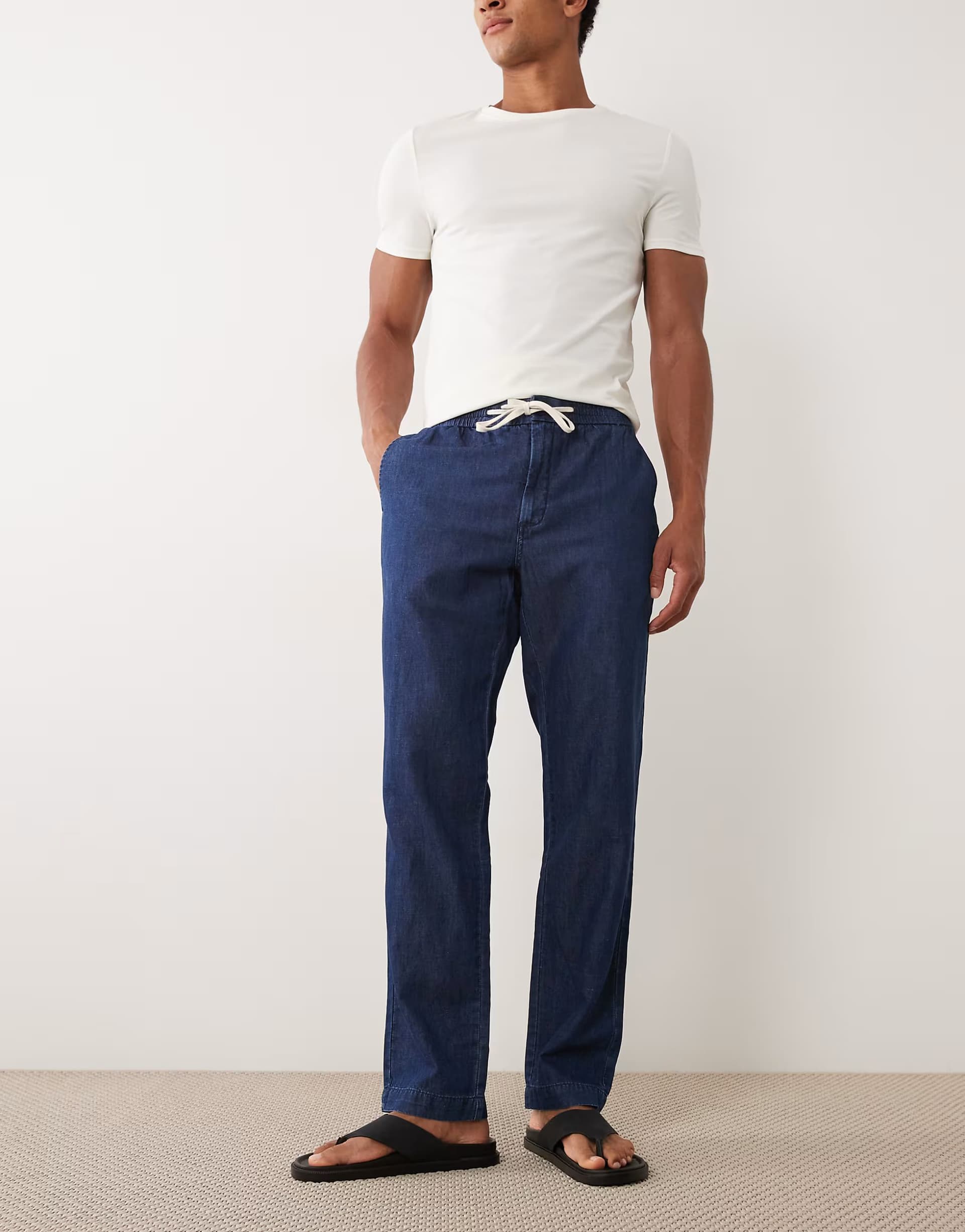 ASOS Mango linen blend denim look draw string trousers in blue