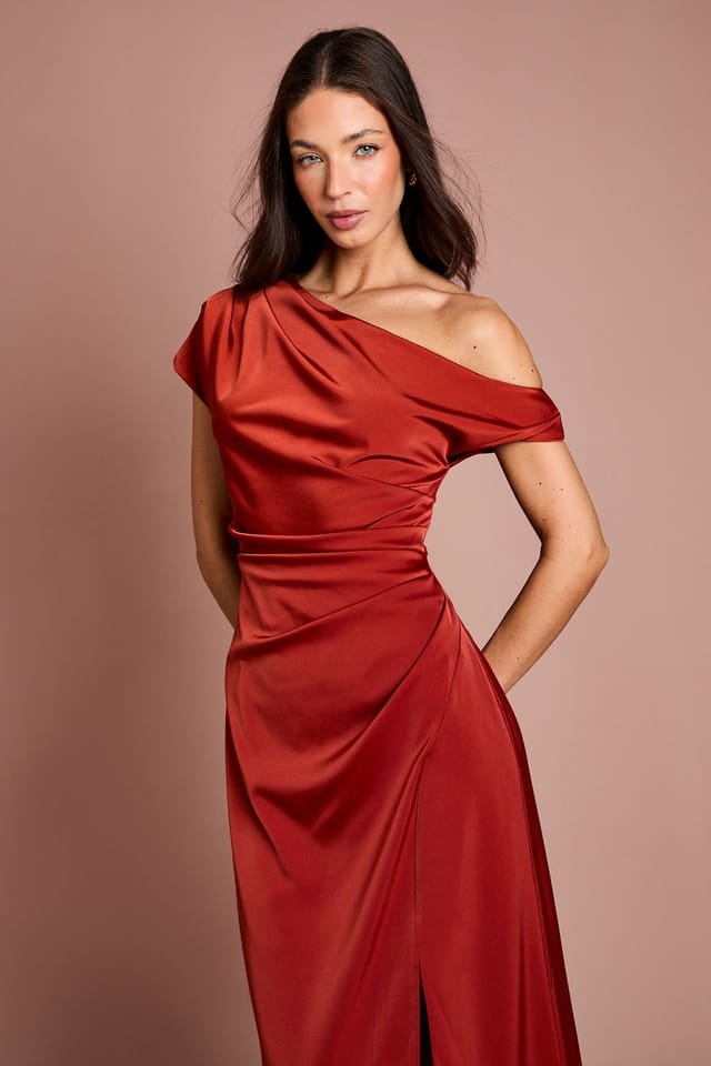 Coast Coast Women's Off Shoulder Satin Side Tie Midi Dress in Rust - 2
