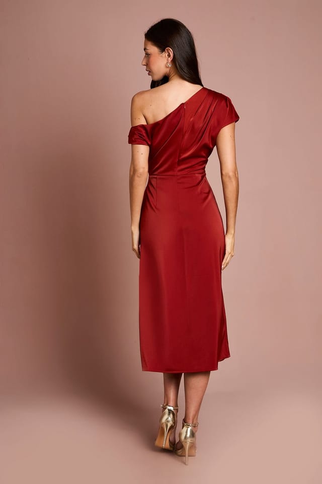 Coast Coast Women's Off Shoulder Satin Side Tie Midi Dress in Rust - 3