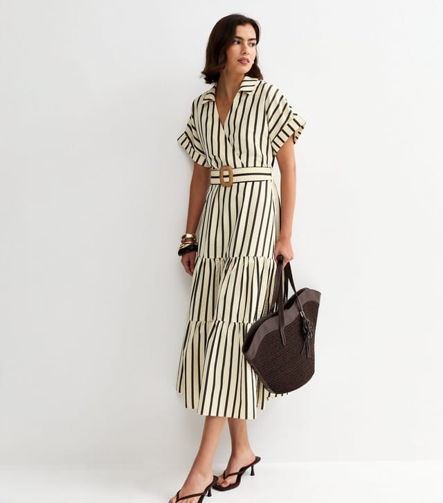 New Look Women's Cream Stripe Shirt Raffia Buckle Midi Dress New Look - 3