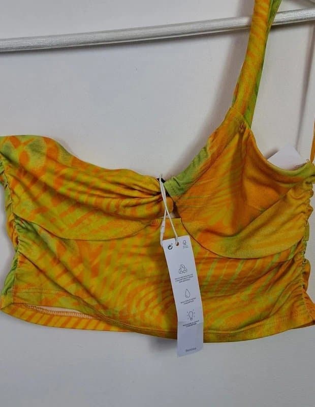 Bershka Bershka Cropped Top L Asymmetric Floral Tropical Palm Print One Strap Tie Front