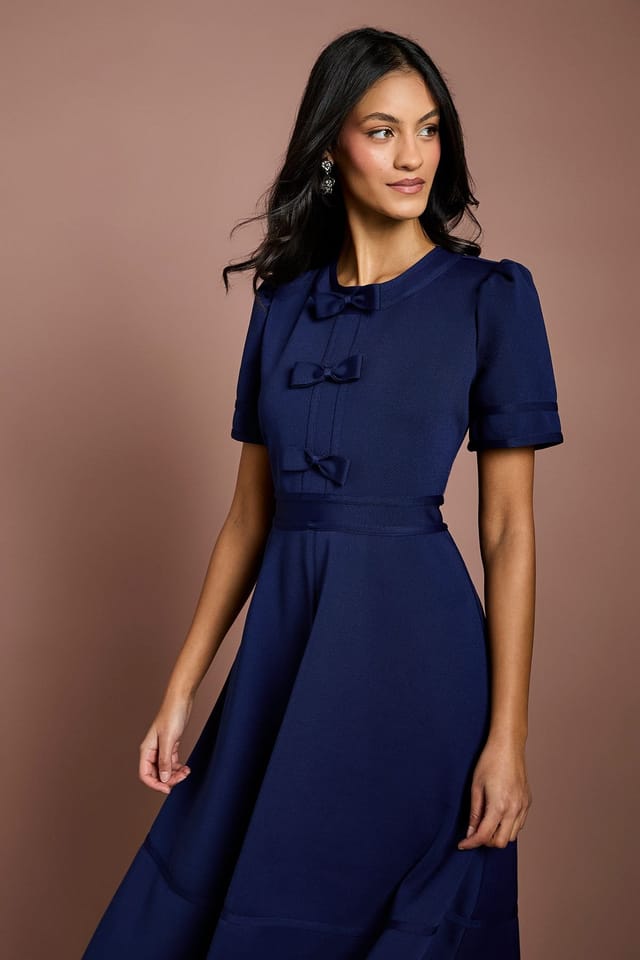 Coast Coast Women's Petite Bow Front Short Sleeve Bandage Midi Dress in Navy - 2