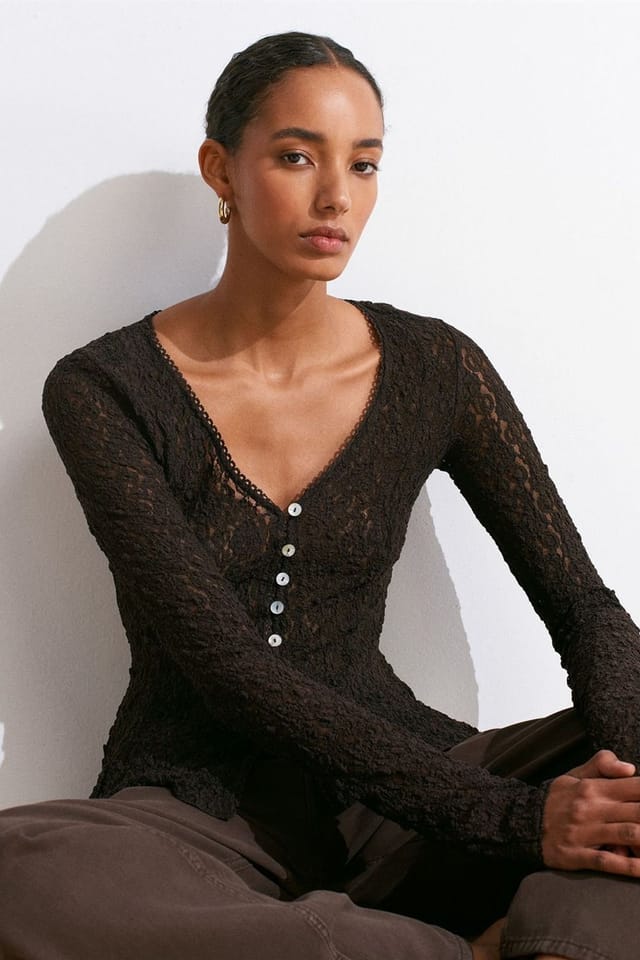 Dilvin Dilvin Women's Lace V-Neck Button Cardigan in Charcoal - 3