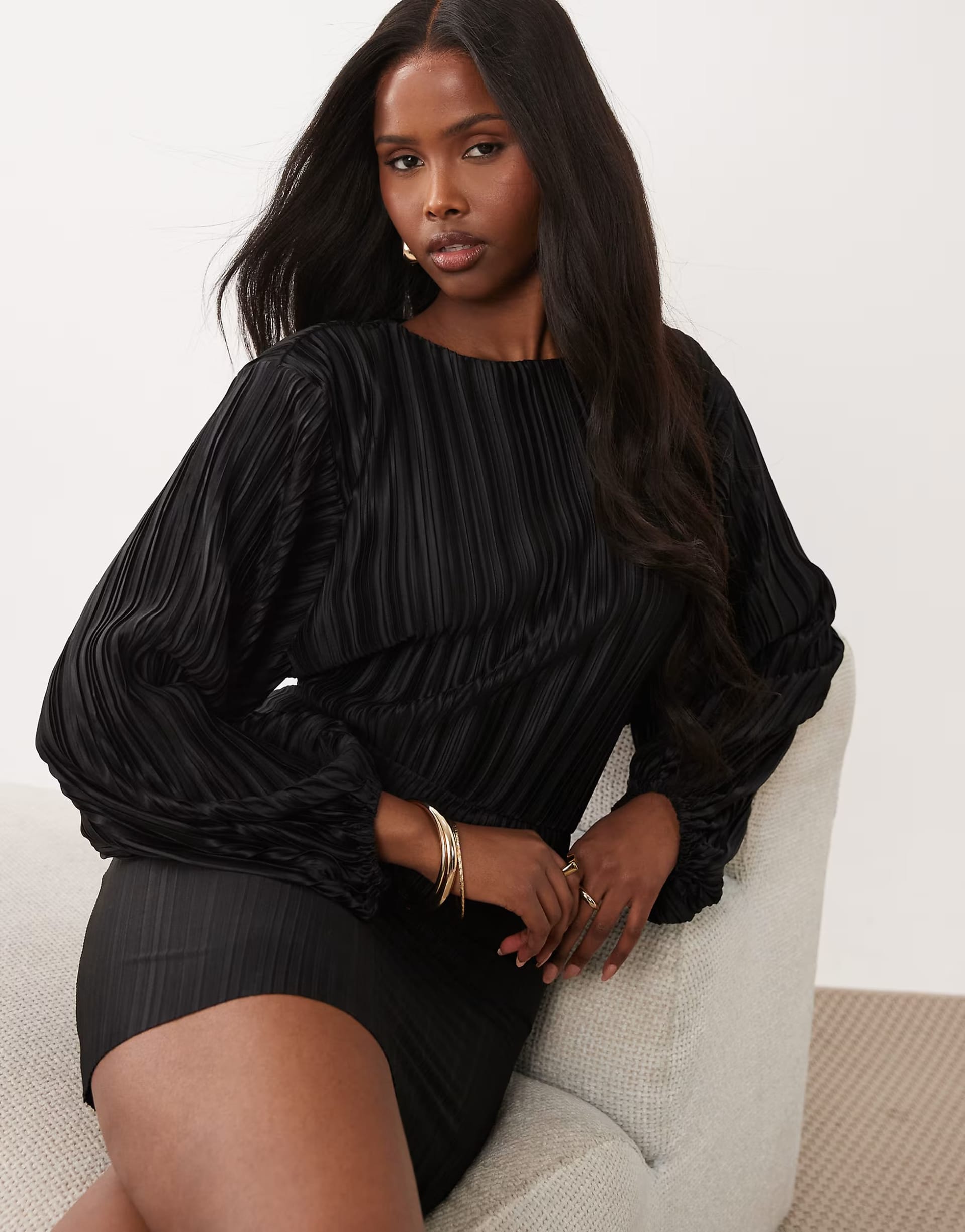 ASOS Black Plisse Blouson Sleeve Mini Dress