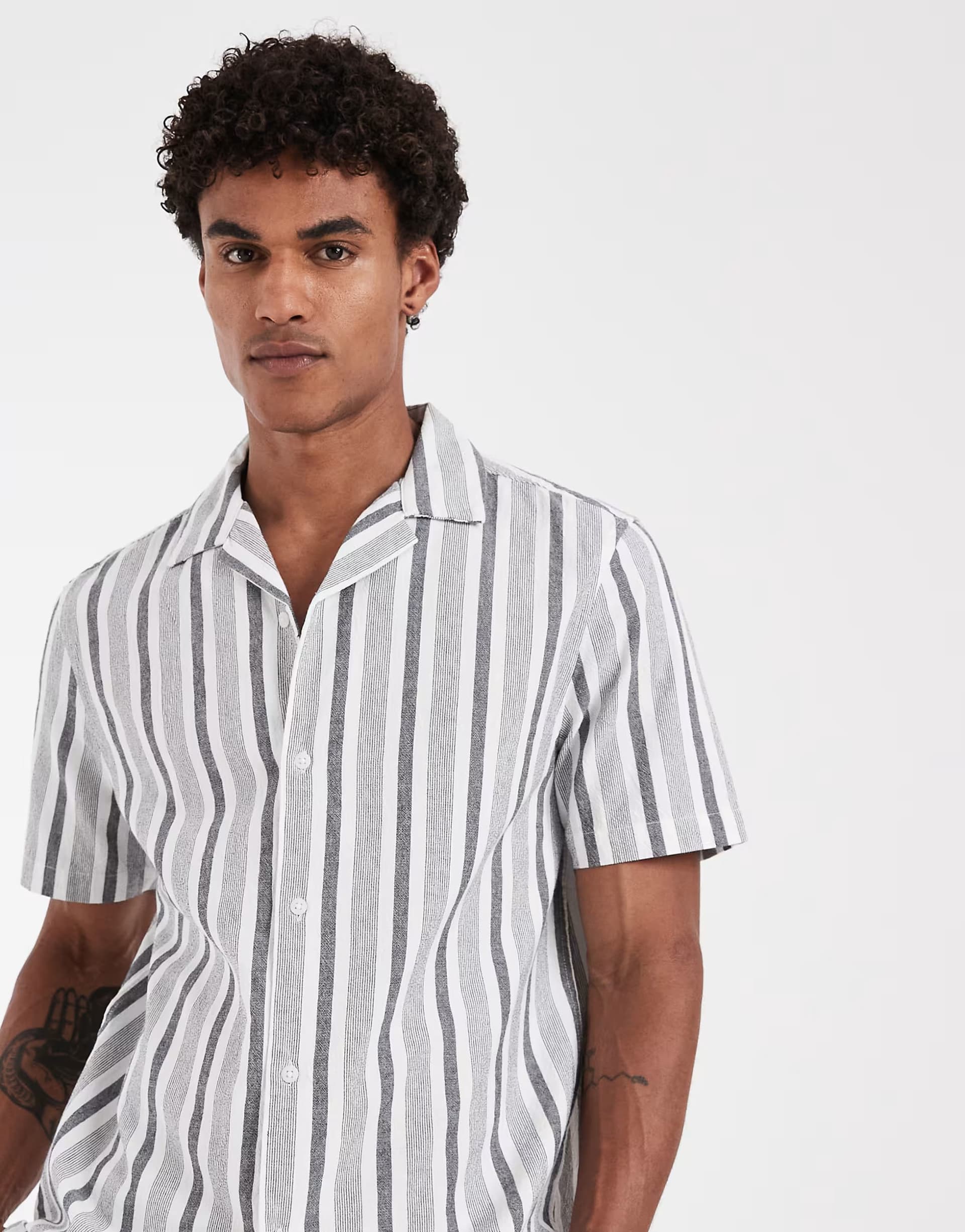ASOS ASOS DESIGN co-ord regular fit linen look stripe shirt in black and white