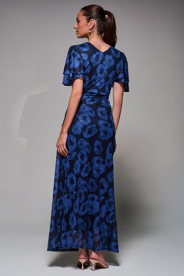 Jolie Moi Jolie Moi Women's Angel Sleeve Draped Mesh Maxi Dress in Dark Blue - 2