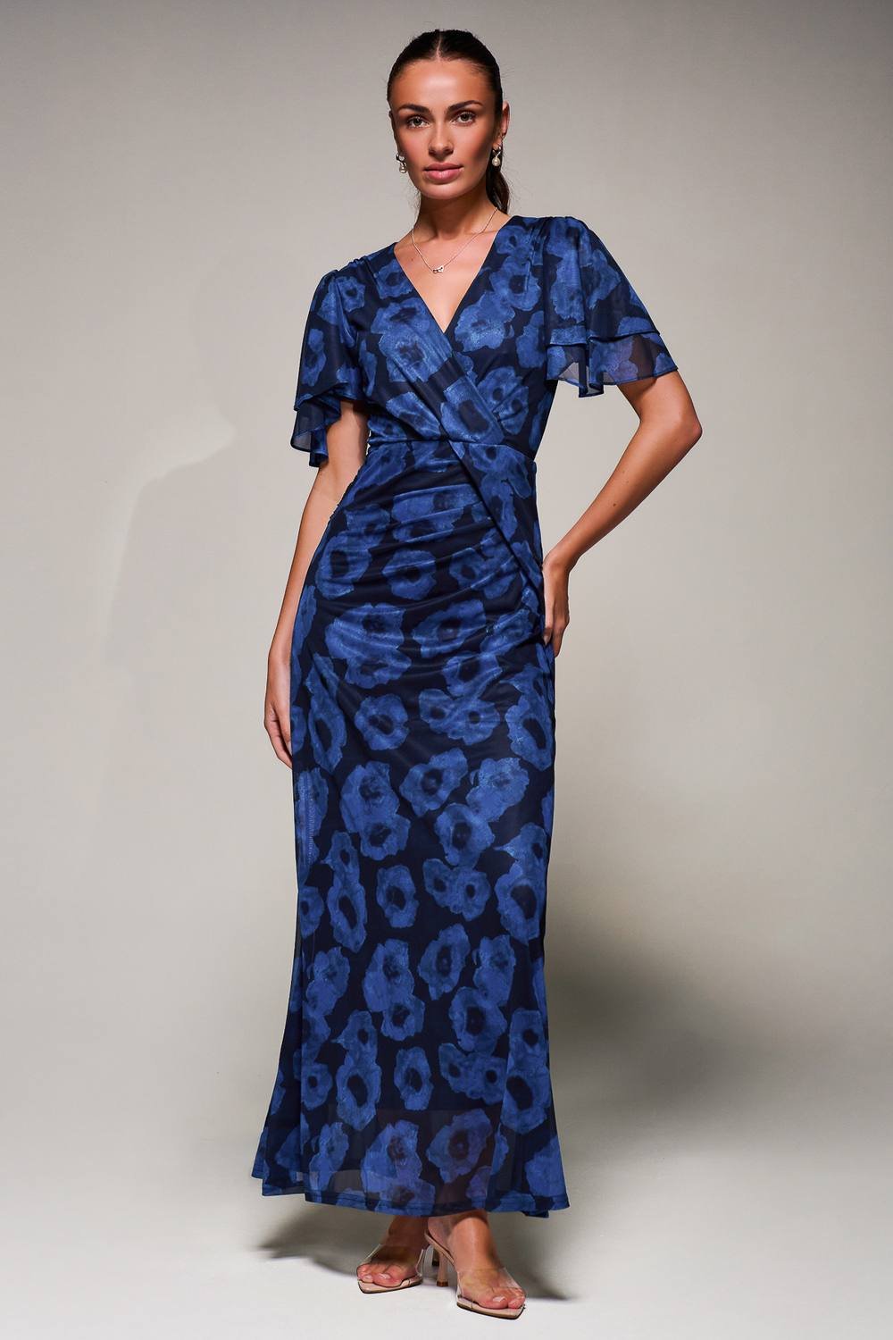 Jolie Moi Jolie Moi Women's Angel Sleeve Draped Mesh Maxi Dress in Dark Blue - 3