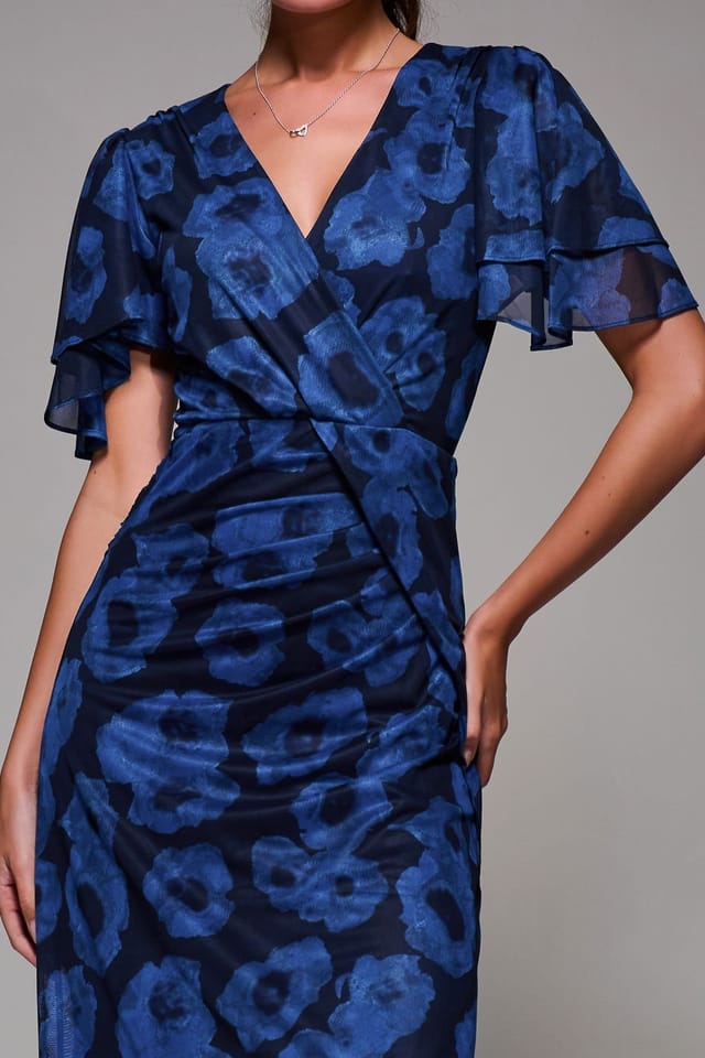 Jolie Moi Jolie Moi Women's Angel Sleeve Draped Mesh Maxi Dress in Dark Blue - 3