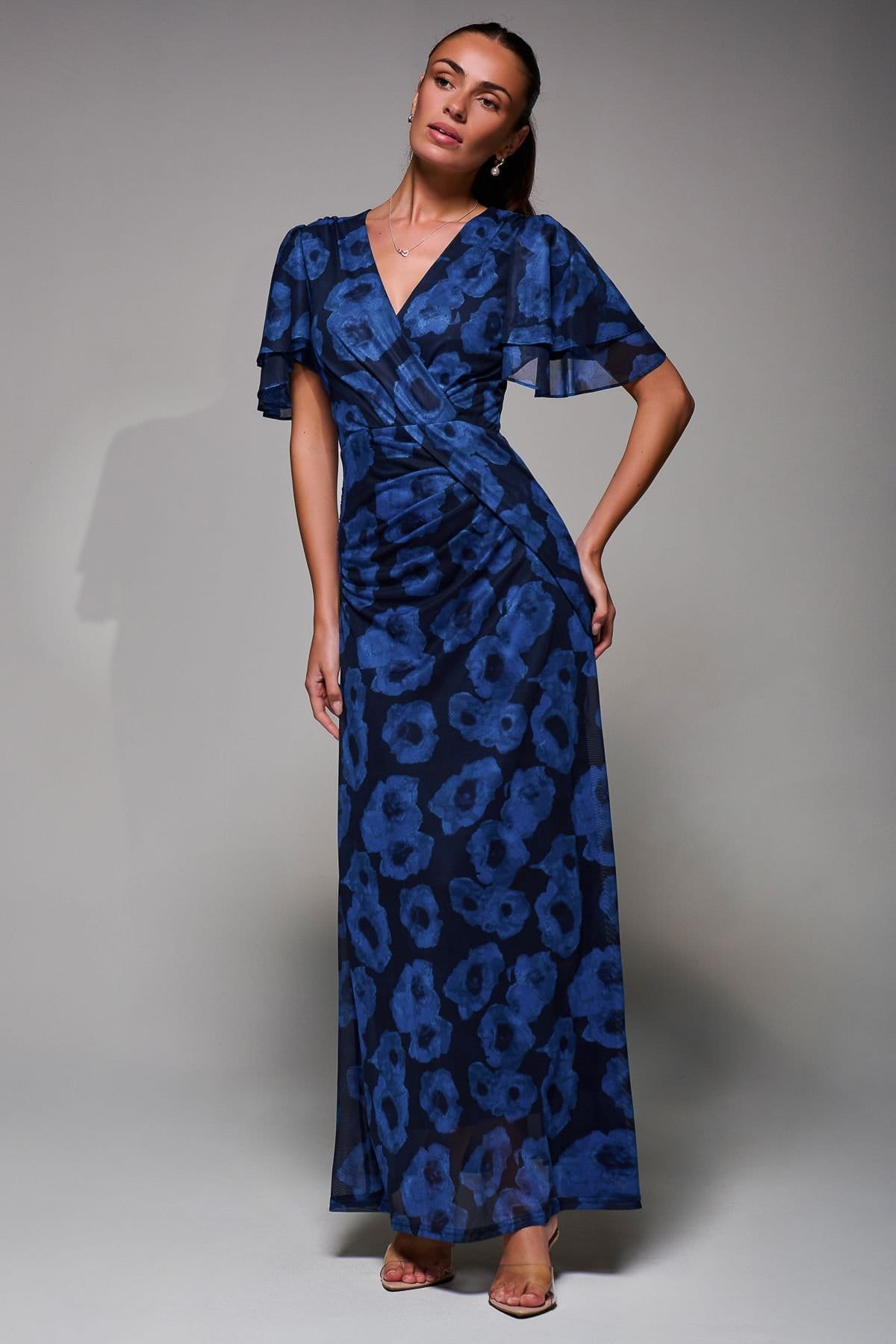 Jolie Moi Jolie Moi Women's Angel Sleeve Draped Mesh Maxi Dress in Dark Blue - 4