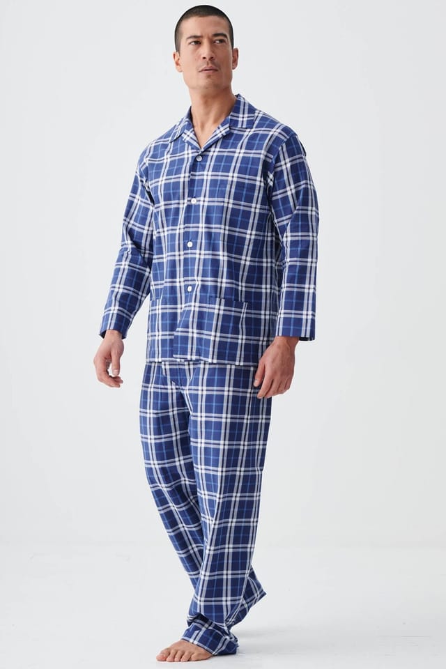 British Boxers British Boxers Men's "Chester Blue on Blue Check" Crisp Cotton Pyjama Set in Navy - 2