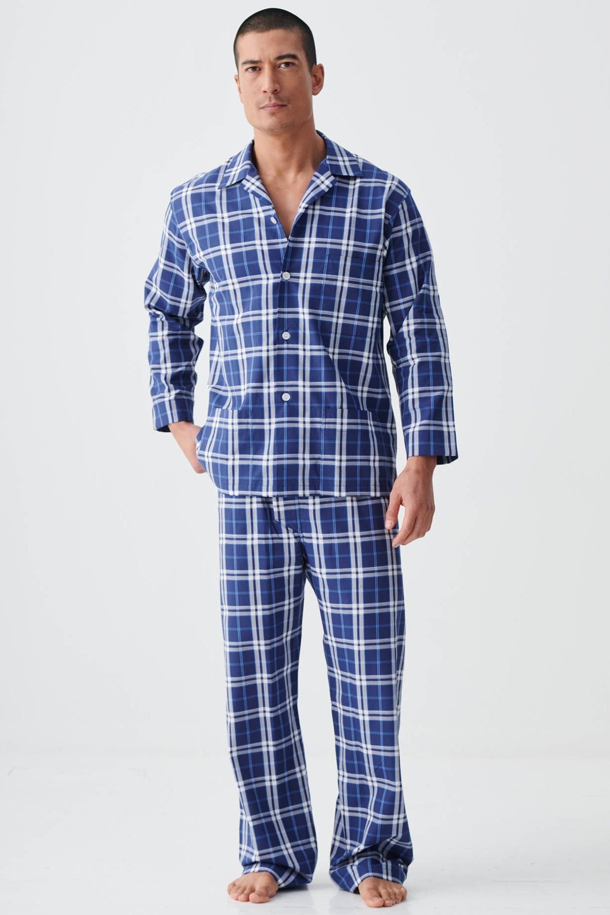 British Boxers British Boxers Men's "Chester Blue on Blue Check" Crisp Cotton Pyjama Set in Navy - 3