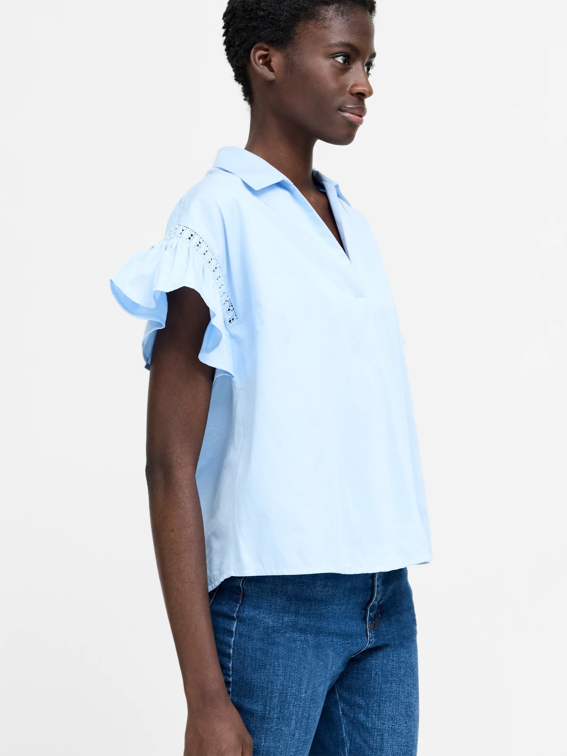 French Connection Light Blue Trim Detail Flutter Sleeve Popover Shirt Light Arctic Blue