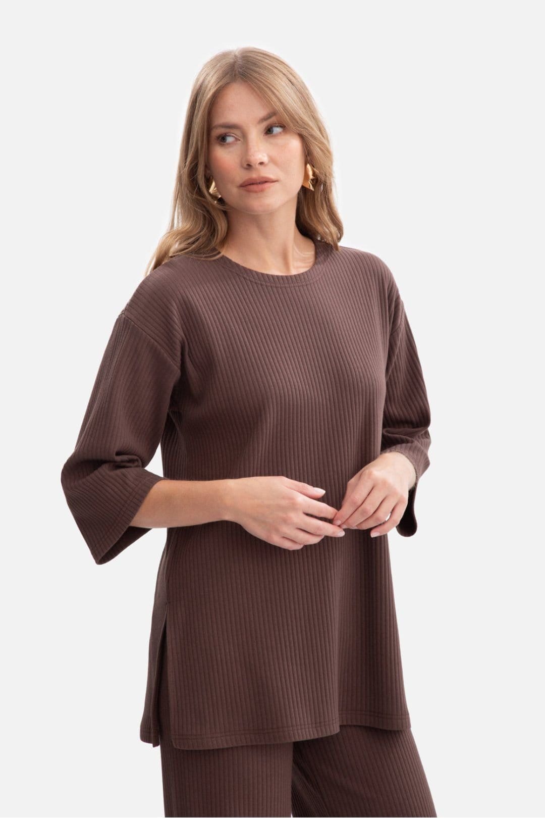 Love Lace Brown Ribbed Oversized Blouse with 3/4 Sleeves