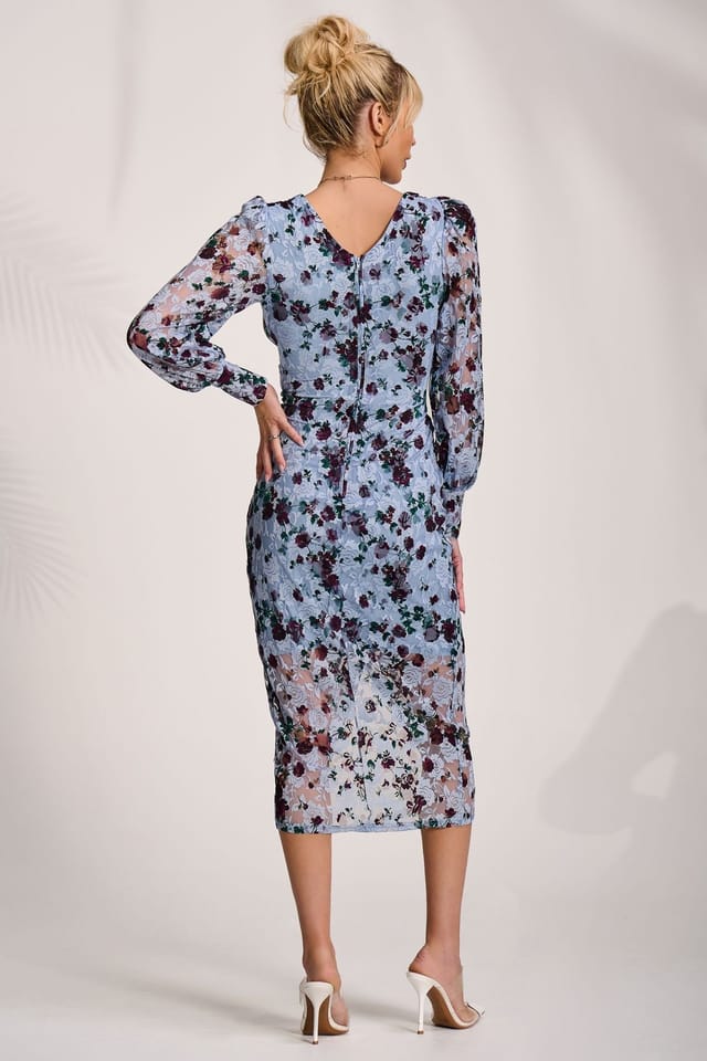 Jolie Moi Jolie Moi Women's Lace Long Sleeve Ruched Bodycon Dress in Blue - 2