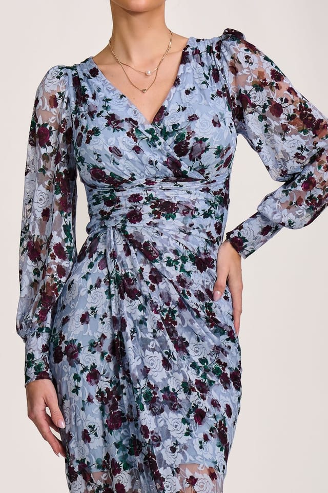 Jolie Moi Jolie Moi Women's Lace Long Sleeve Ruched Bodycon Dress in Blue - 3