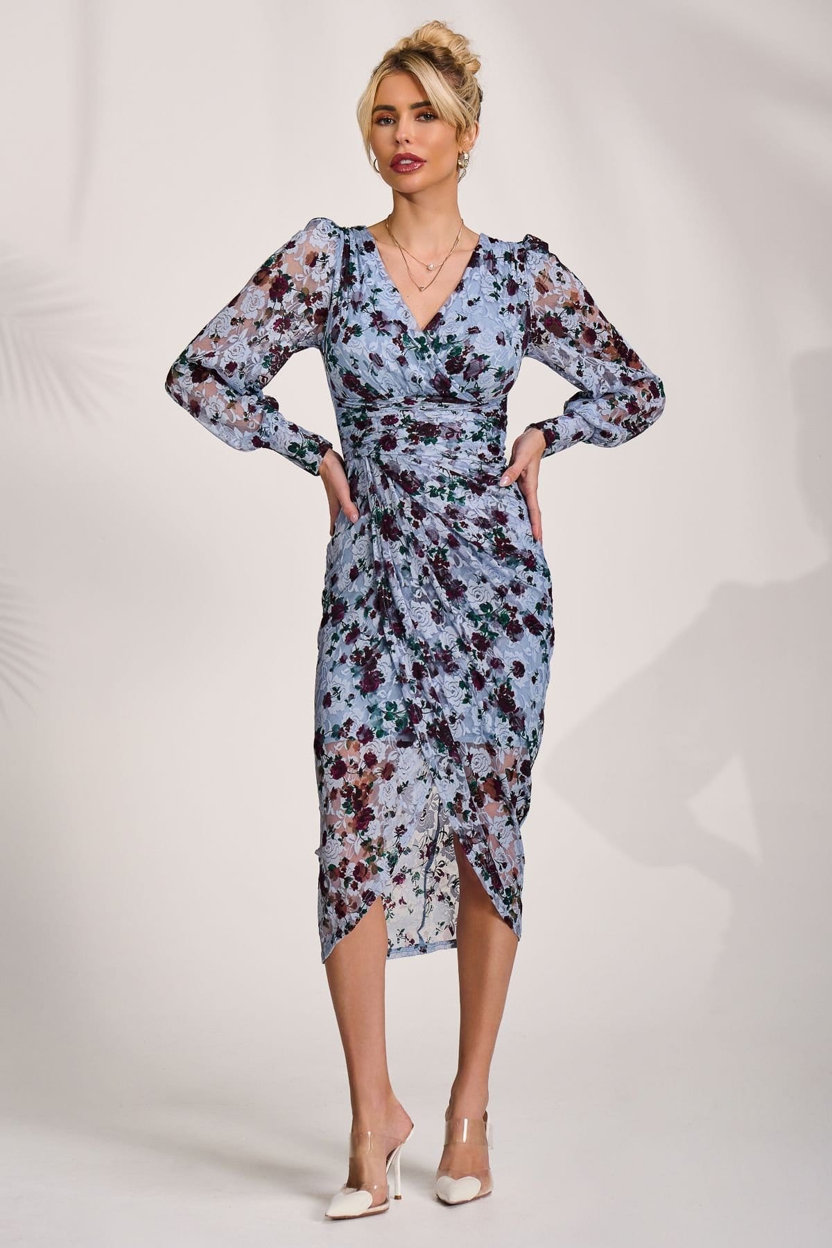 Jolie Moi Jolie Moi Women's Lace Long Sleeve Ruched Bodycon Dress in Blue - 4
