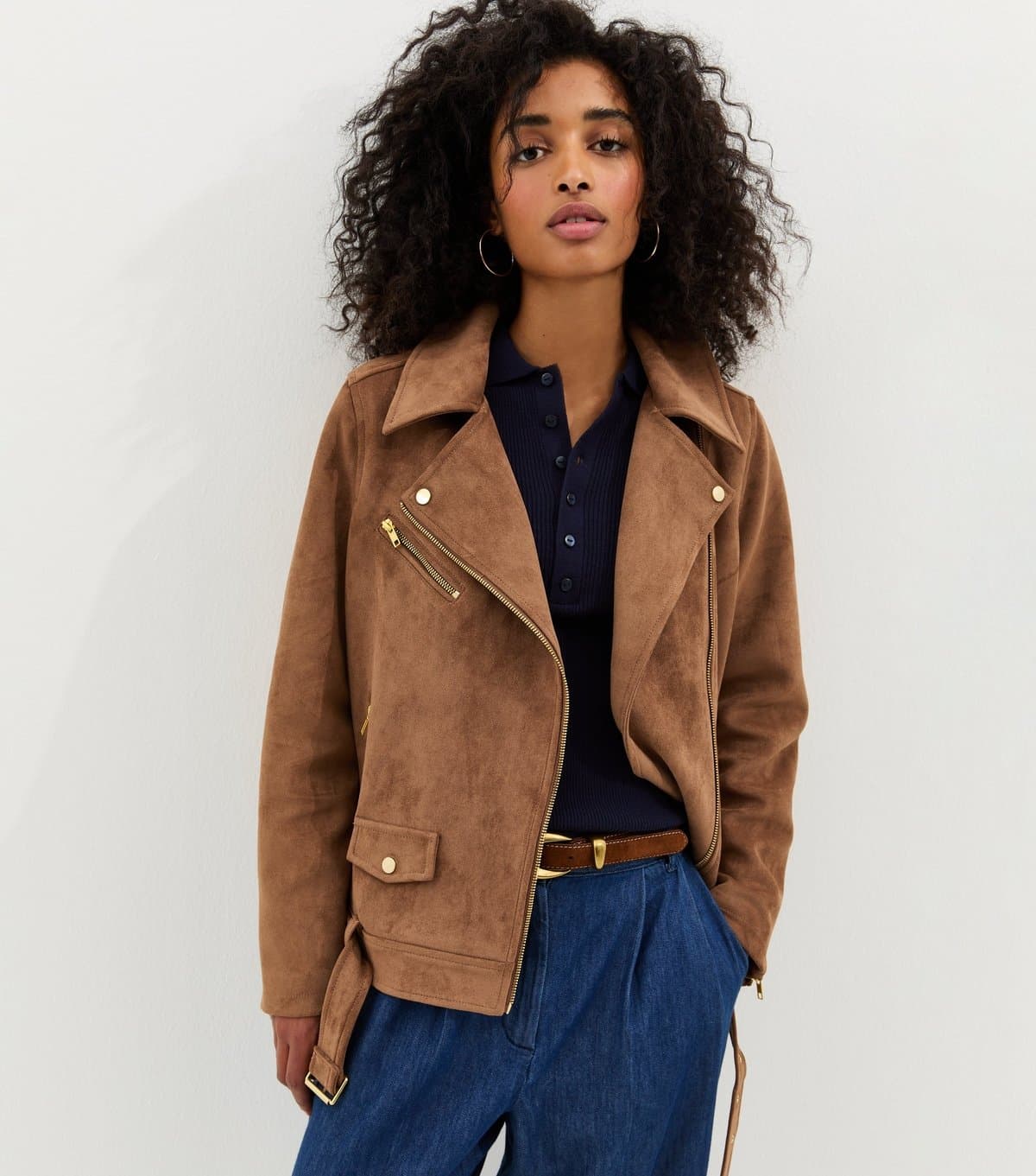 New Look Women's Tan Oversized Faux Suede Biker Jacket New Look