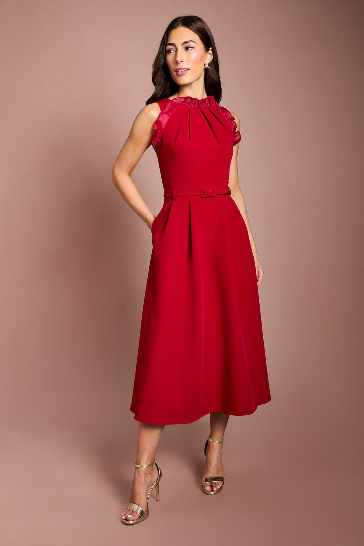 Coast Coast Women's Ruffle Neck Sleeveless Belted Midi Dress in Red
