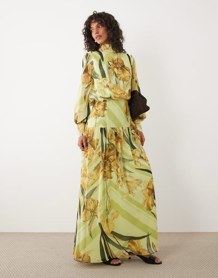 ASOS ASOS DESIGN high neck deep cuff maxi dress in yellow floral - 1