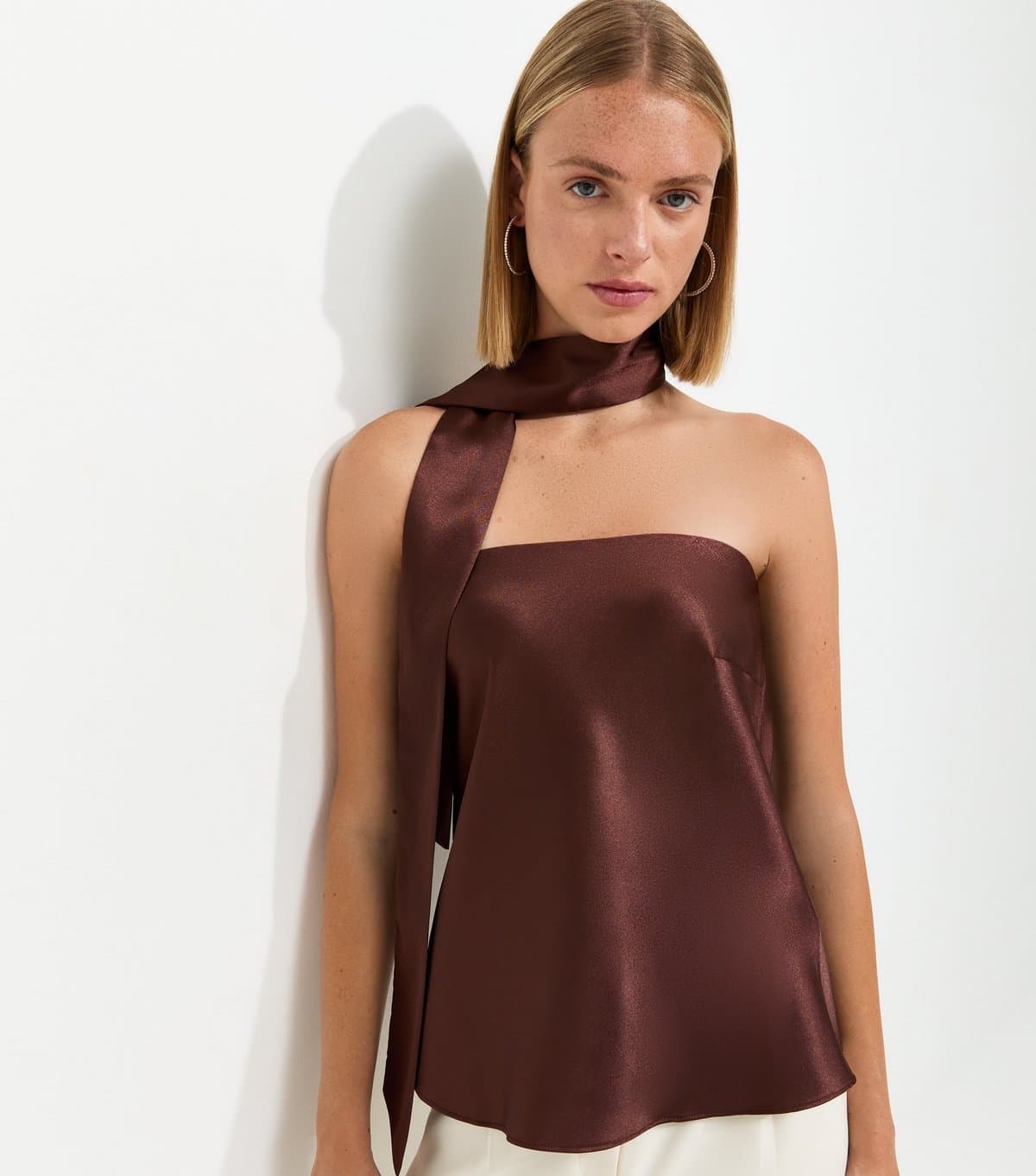 New Look New Look Dark Brown Satin Bandeau Top with Scarf