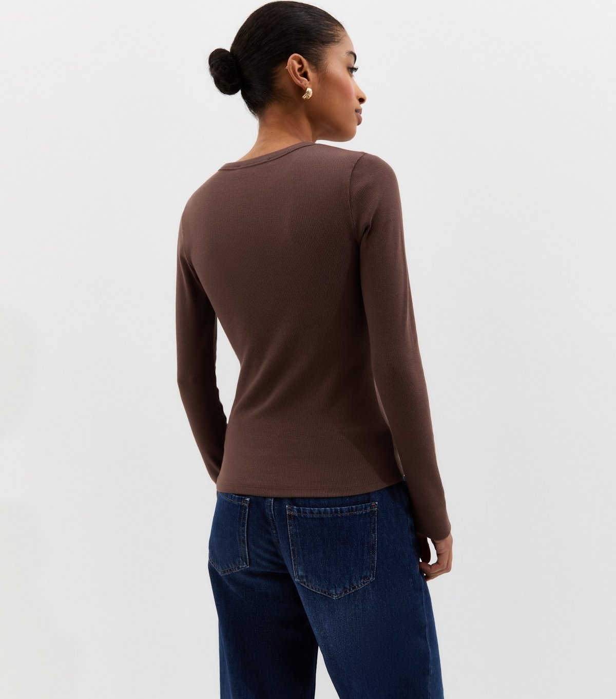 New Look Women's Dark Brown Ribbed Crew Neck Long Sleeve Top New Look - 4