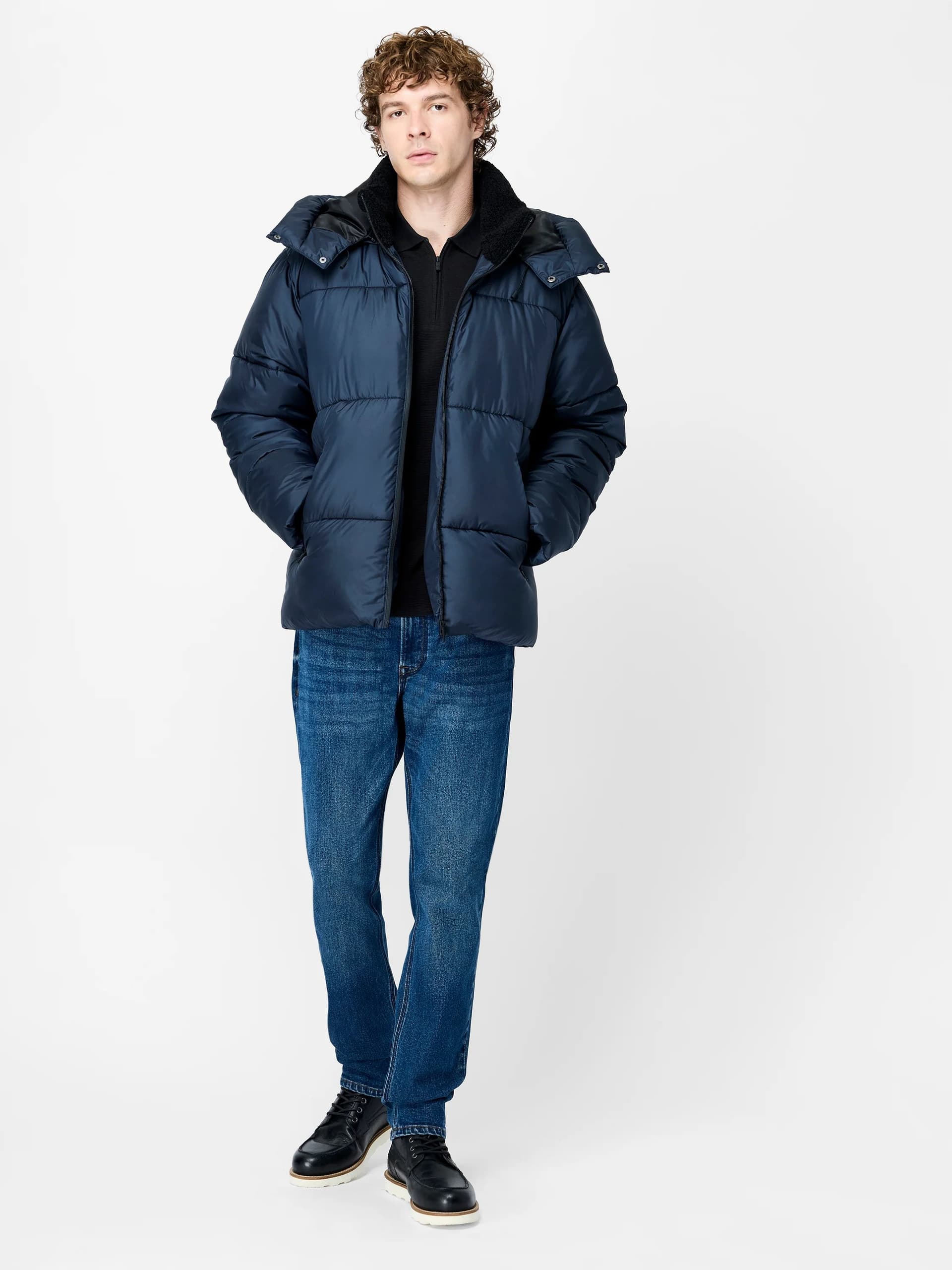 French Connection Navy Borg Collar Hooded Padded Jacket Navy