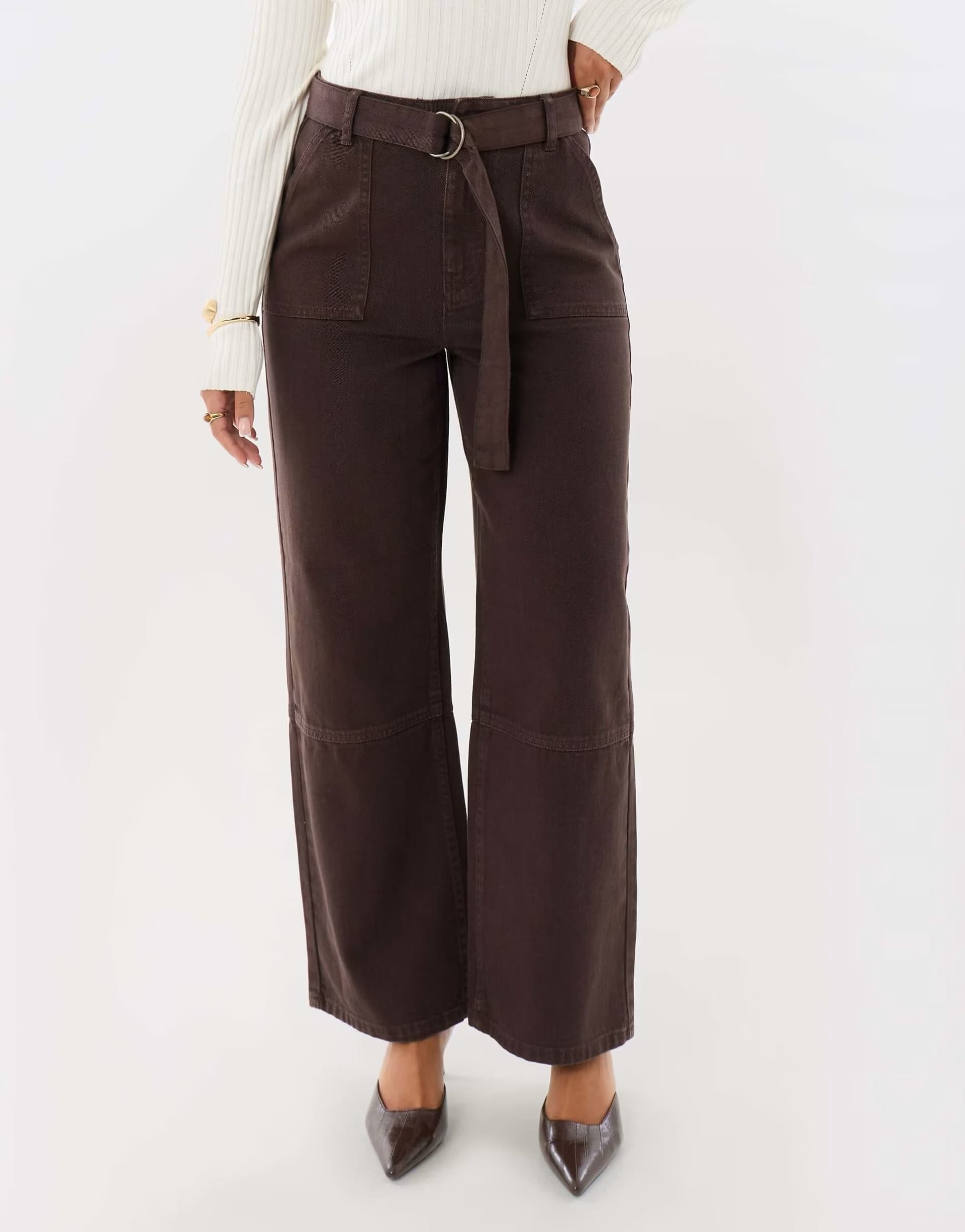 ASOS Threadbare High waisted cargo jeans with belt in chocolate brown