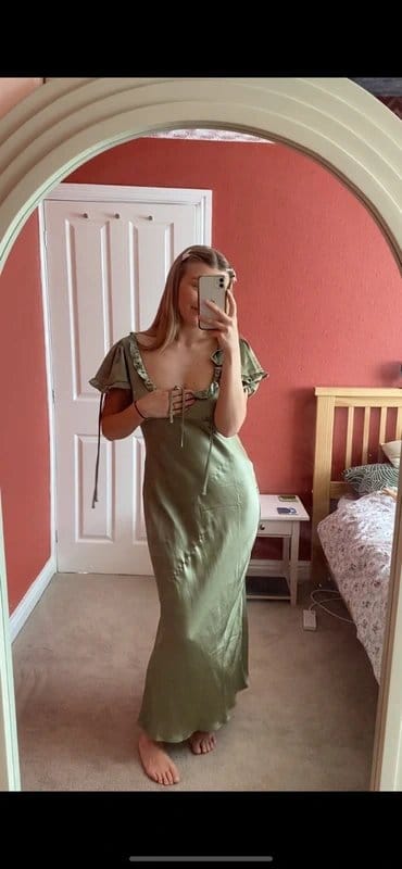 ASOS Khaki-Green Silk Tie Puff Sleeve Dress