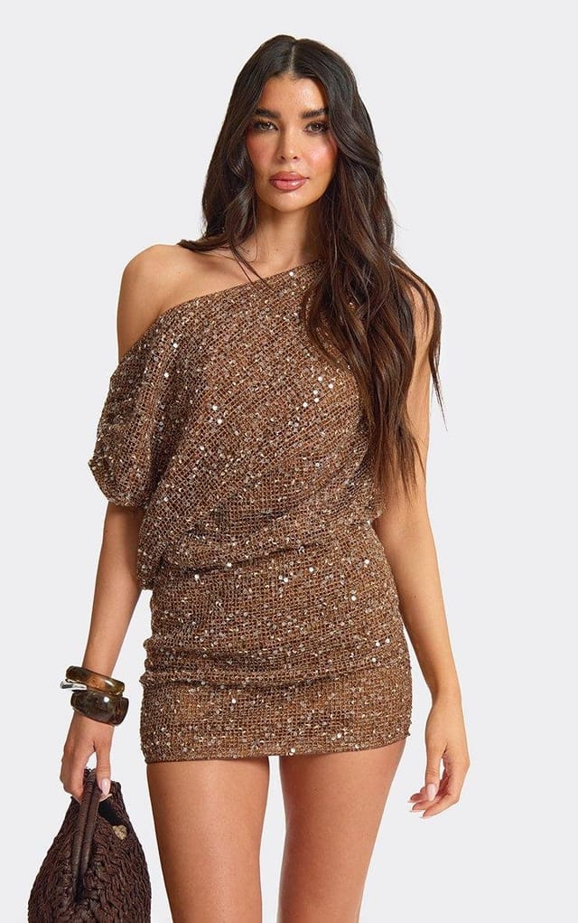 EGO Slash Neck Off The Shoulder Mini Dress In Brown Sequin, Women's Size UK L - 2