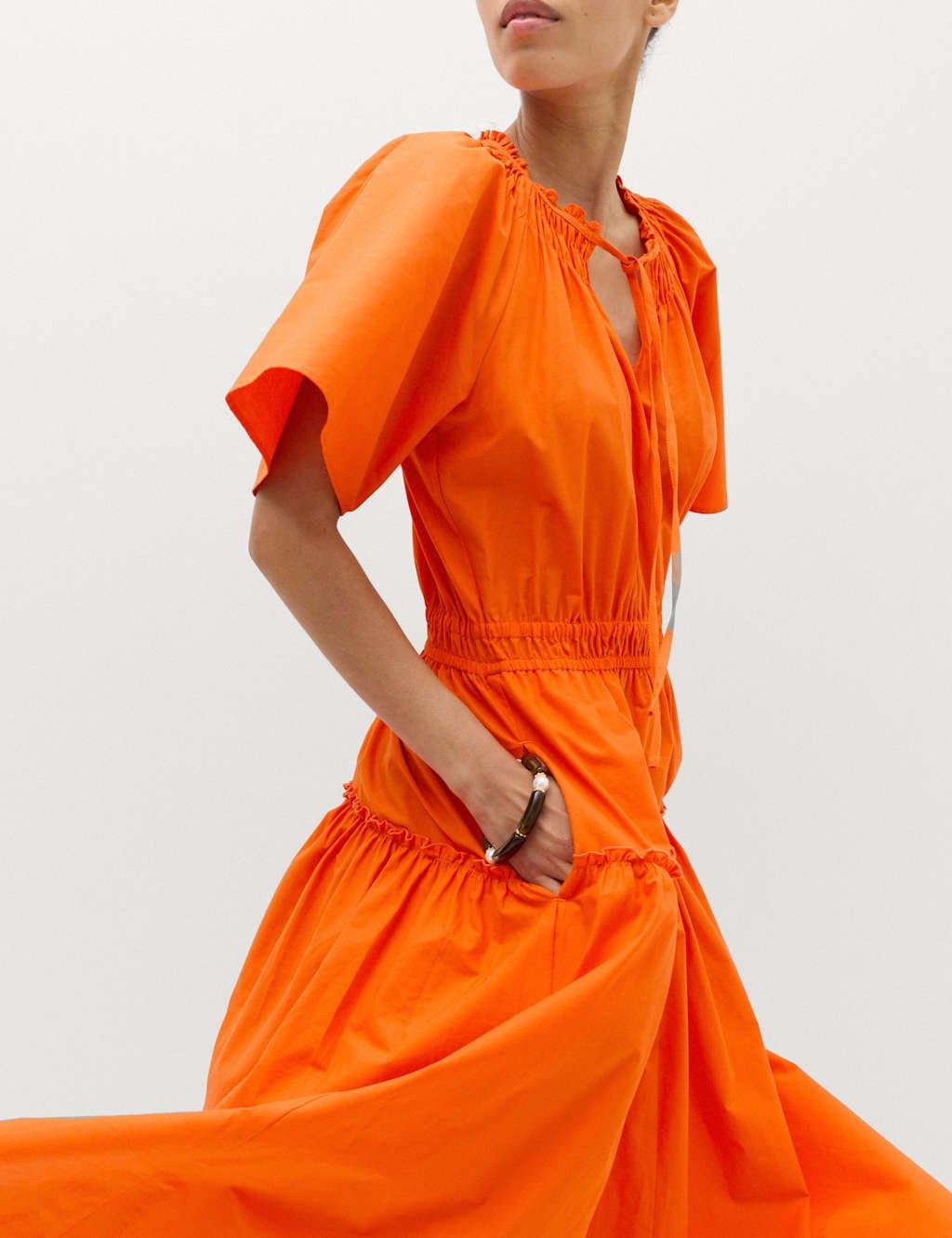 Marks & Spencer M&S Pure Cotton Tie Neck Midi Waisted Dress Marmalade