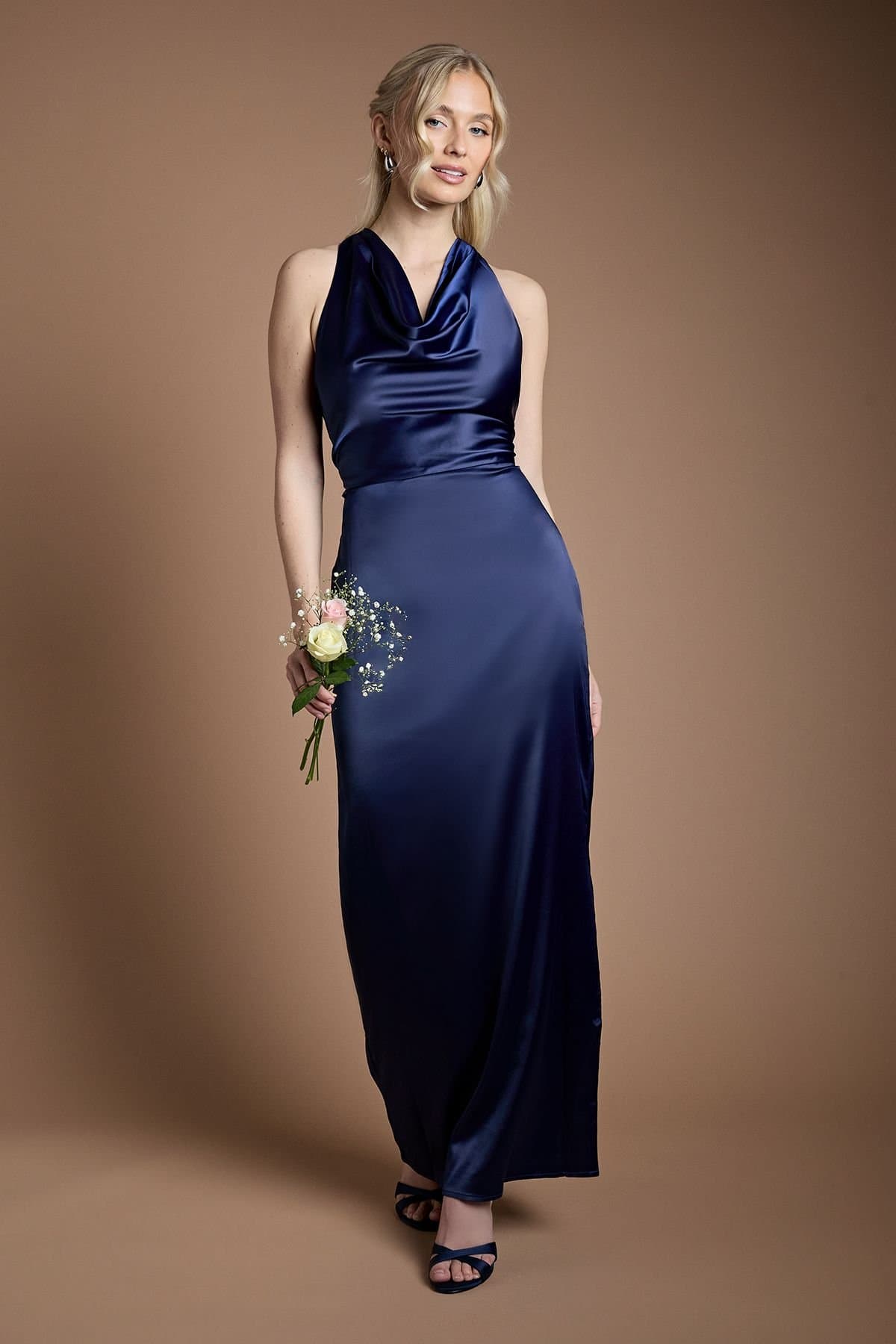 Oasis Oasis Women's Satin Cowl Neck Maxi Bridesmaid Dress in Navy