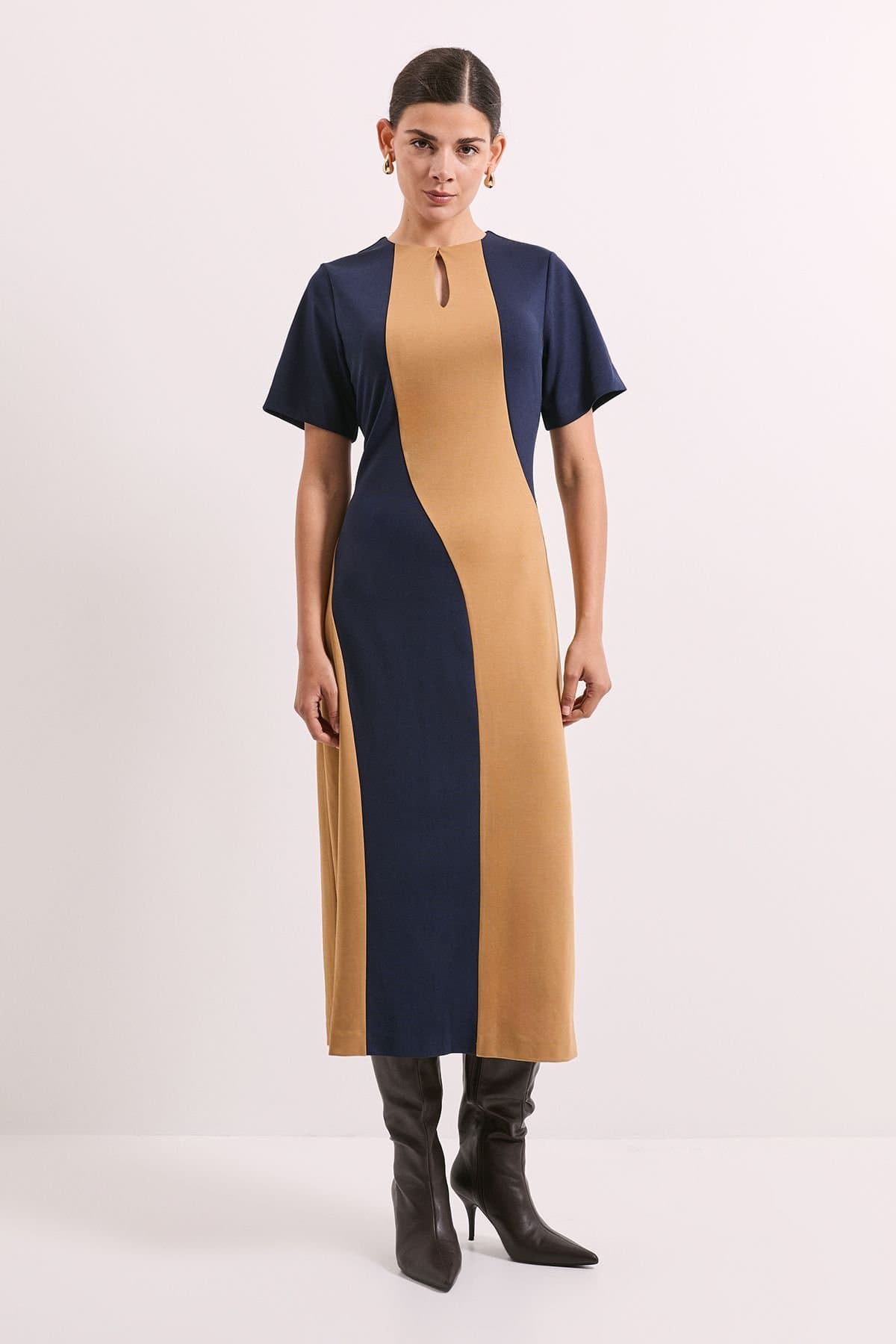Principles Principles Women's Colour Block Ponte Detail Midi Dress in Camel