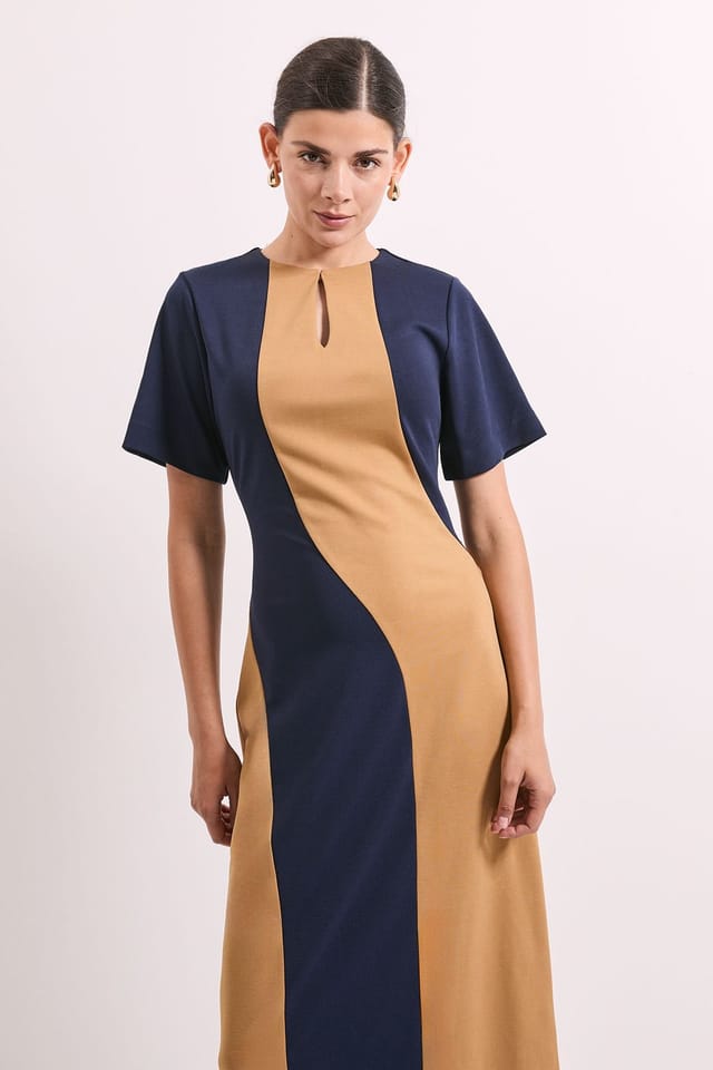 Principles Principles Women's Colour Block Ponte Detail Midi Dress in Camel - 2
