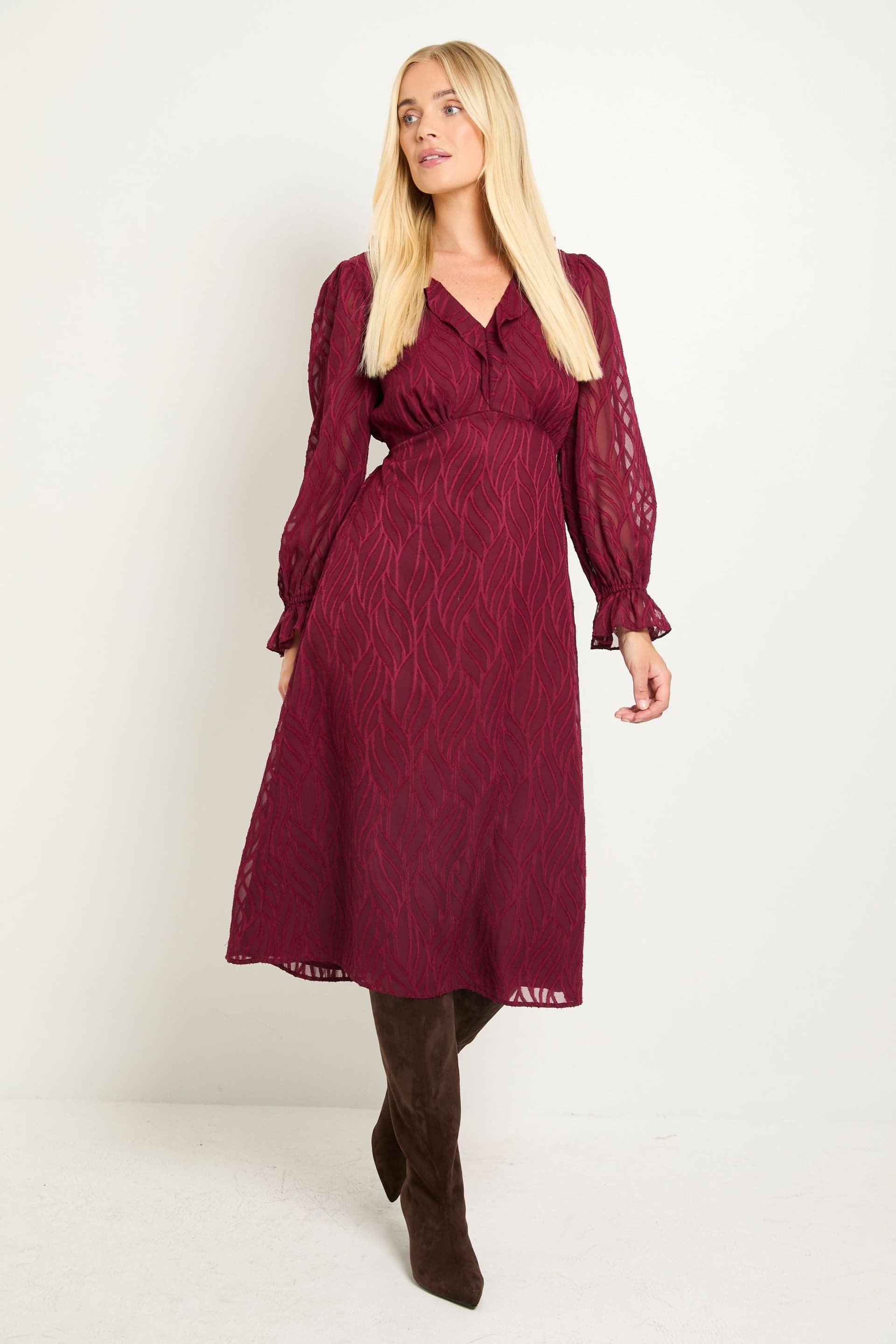 Wallis Wallis Women's Petite Burn Out Ruffle Midi Dress in Berry