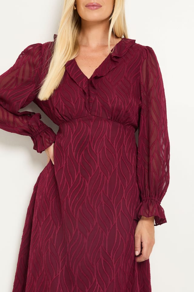 Wallis Wallis Women's Petite Burn Out Ruffle Midi Dress in Berry - 2