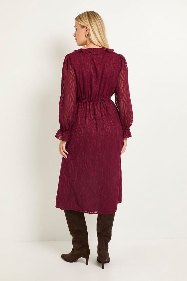 Wallis Wallis Women's Petite Burn Out Ruffle Midi Dress in Berry - 3