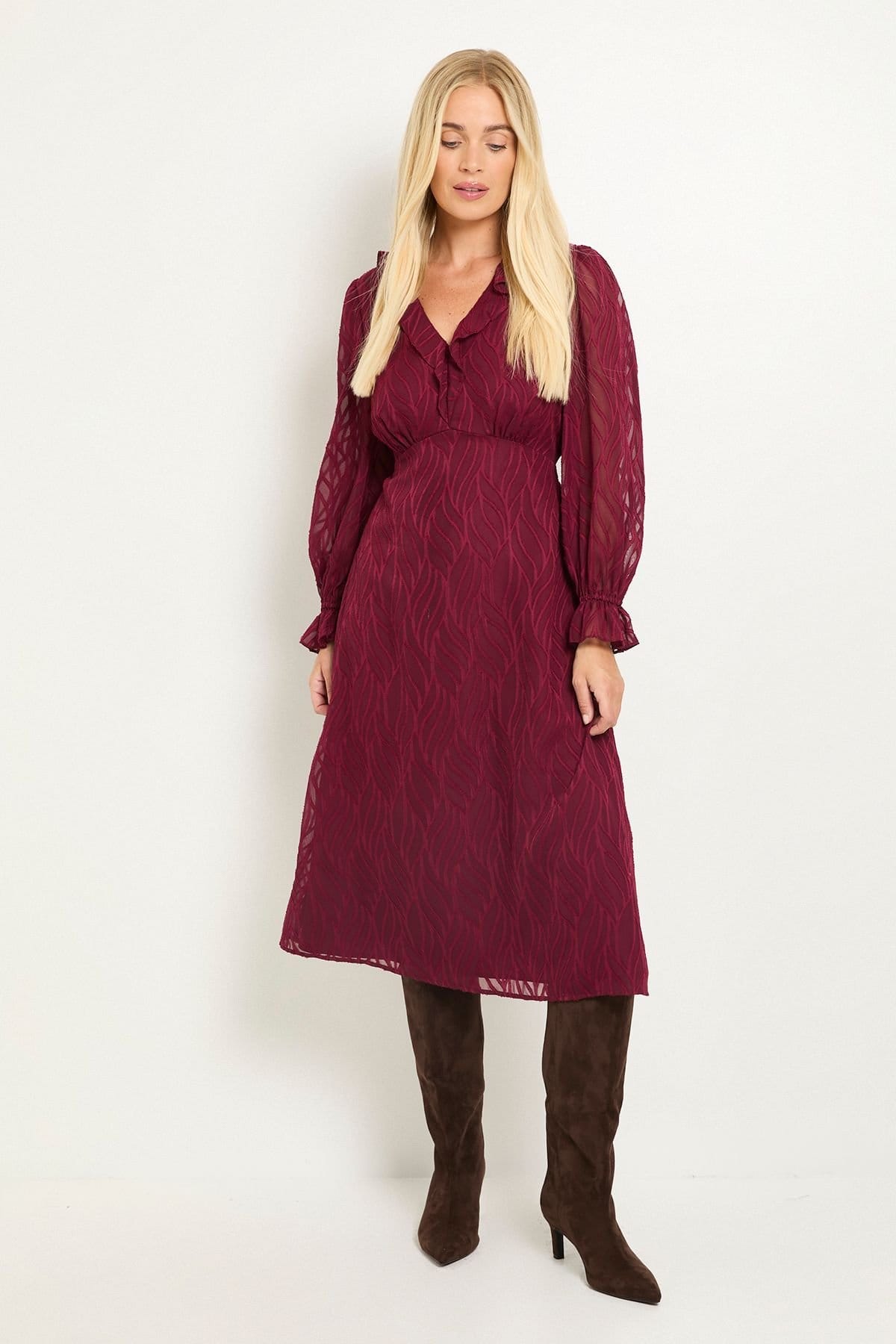 Wallis Wallis Women's Petite Burn Out Ruffle Midi Dress in Berry - 4