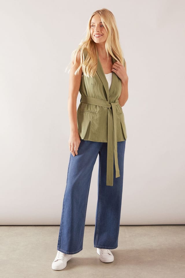 Wallis Wallis Women's Petite Belted Sleeveless Waistcoat in Khaki - 2