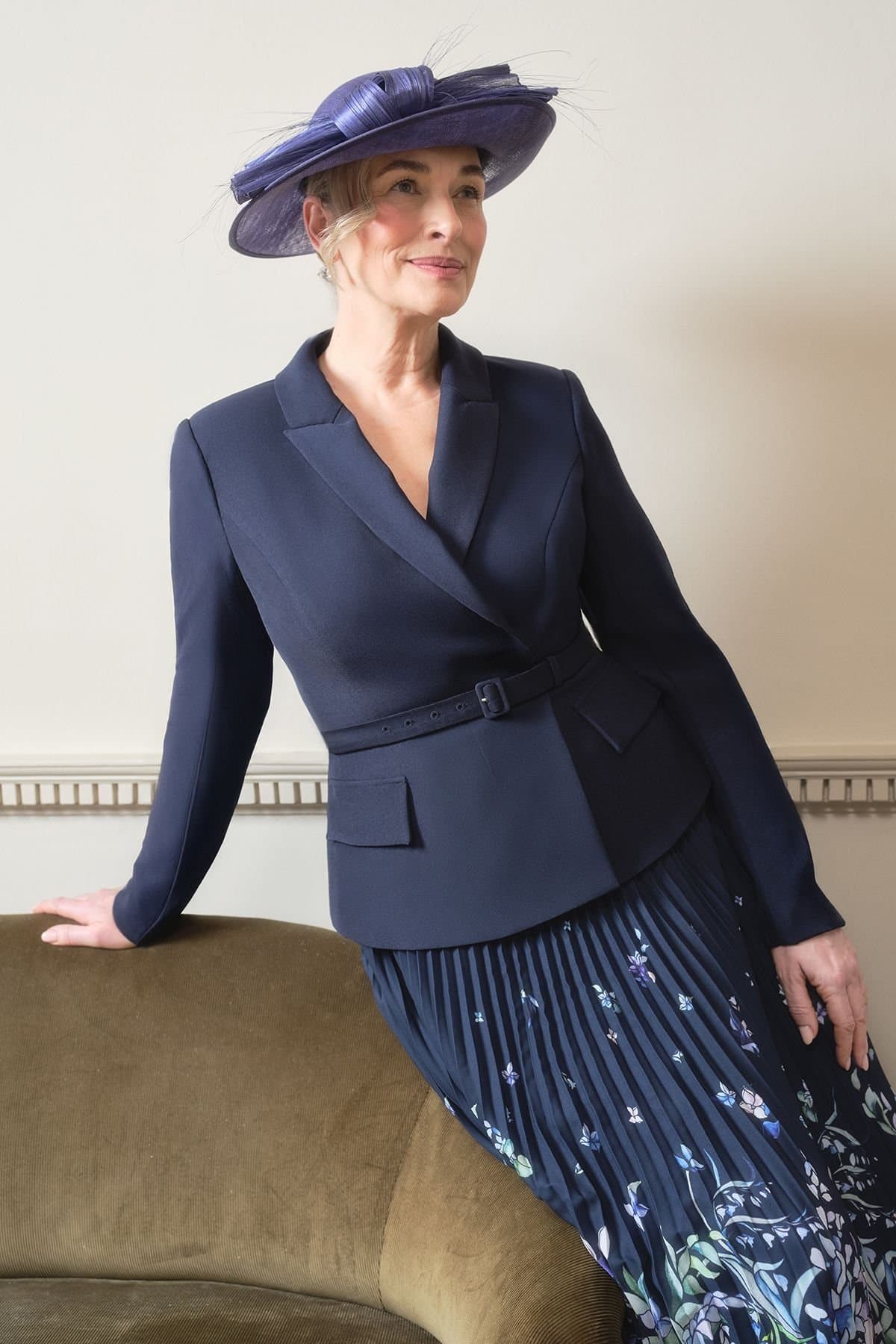 Coast Coast Women's Lisa Tan Tailored Jacket With Pleated Skirt Midi Dress in Navy