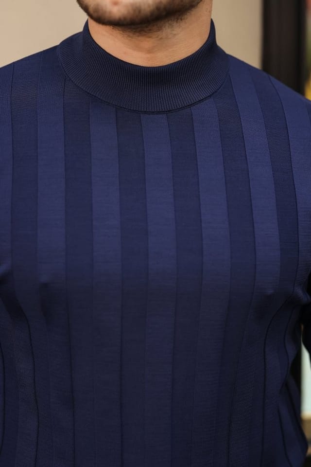 Janes Janes Men's Textured Knit Sweater with Half Turtleneck in Navy - 2