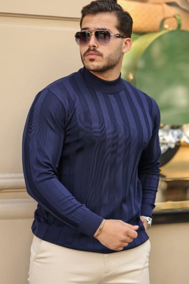 Janes Janes Men's Textured Knit Sweater with Half Turtleneck in Navy - 3