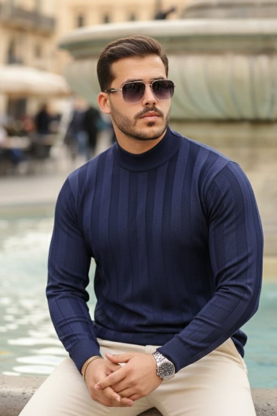 Janes Janes Men's Textured Knit Sweater with Half Turtleneck in Navy - 4