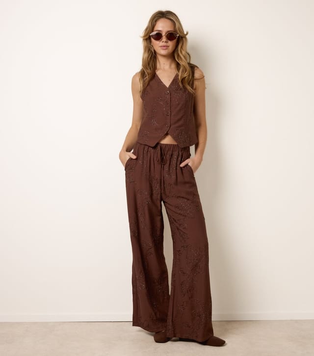 Blue Vanilla Women's Dark Brown Flower Embroidered Waistcoat Trouser Set Blue Vanilla New Look - 3