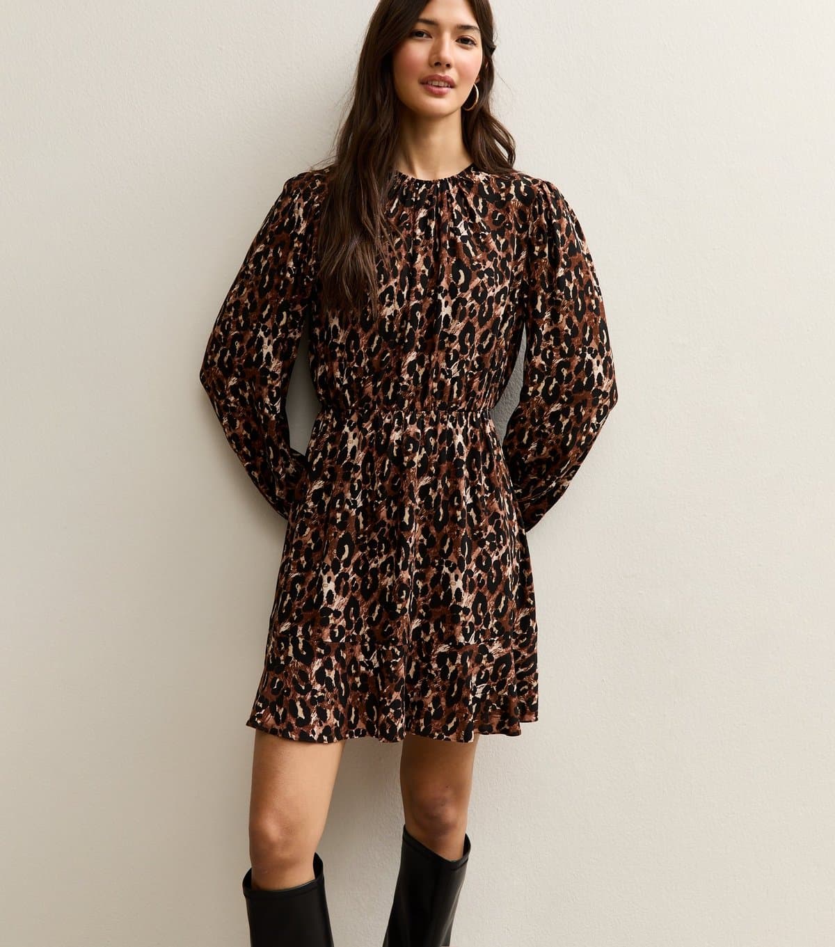 New Look Women's Brown Animal Print Flared Hem Mini Dress New Look