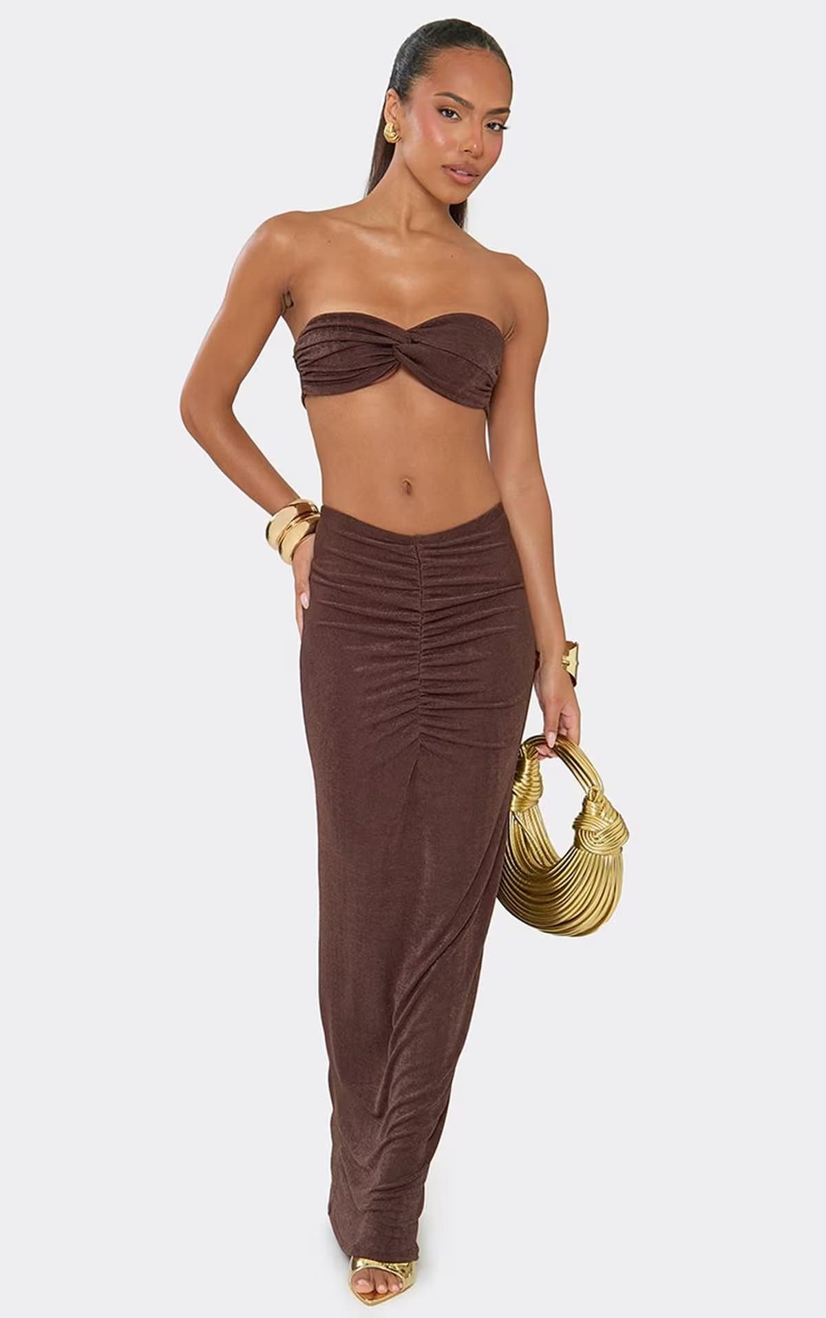EGO Bandeau Ruched Detail Top In Chocolate Brown, Women's Size UK 6