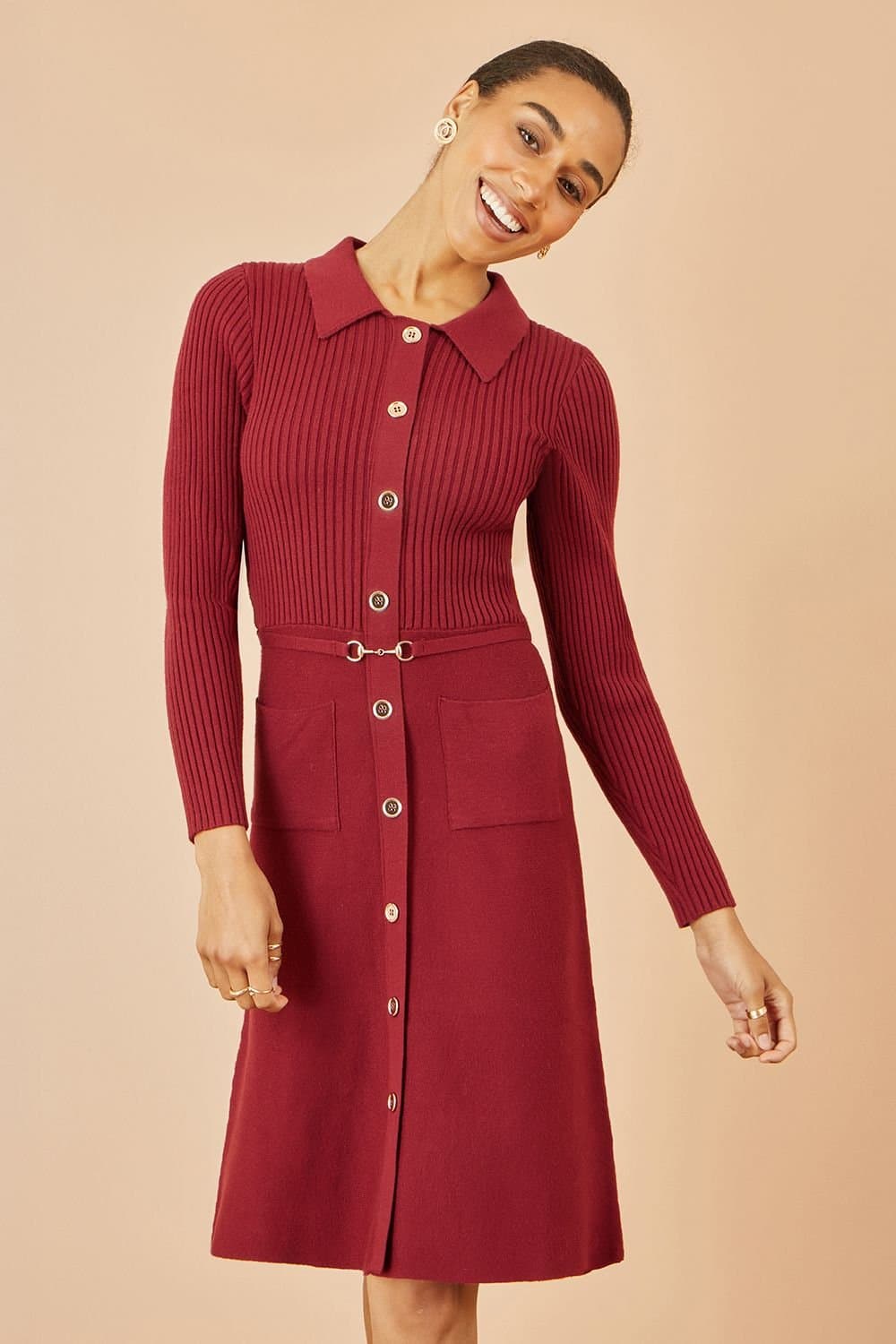 Yumi Yumi Women's Burgundy Rib Knit Midi Shirt Dress With Snaffle Belt