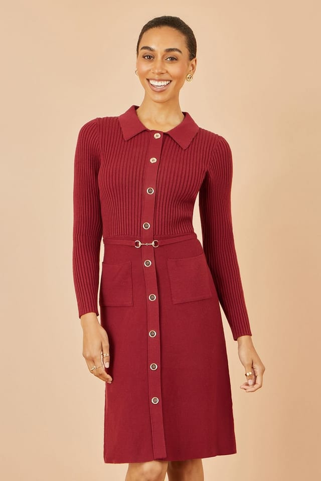 Yumi Yumi Women's Burgundy Rib Knit Midi Shirt Dress With Snaffle Belt - 2
